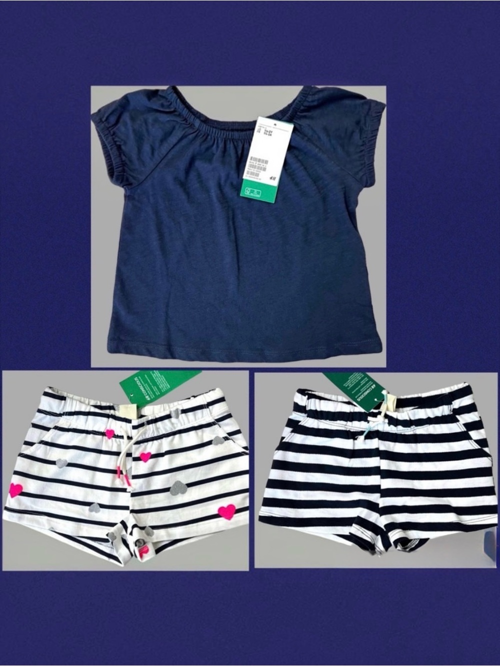 NWT H&M Toddler Girl Outfit-Navy Blue Shirt & 2 Pairs Striped Leggings
